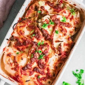 overhead shot of chicken fajita casserole in dish