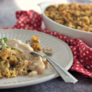 angled shot of plate of chicken stuffing casserole