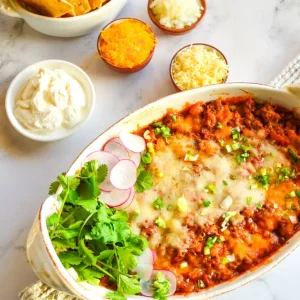 overhead shot of chicken taco casserole in dish