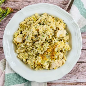 overhead shot of plate of chicken wild rice casserole