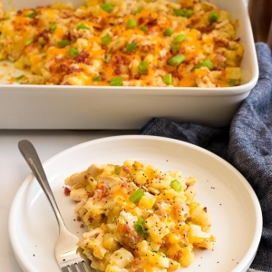 angled shot of plate of chicken potato casserole