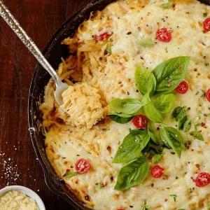 overhead shot of fork in chicken skillet casserole