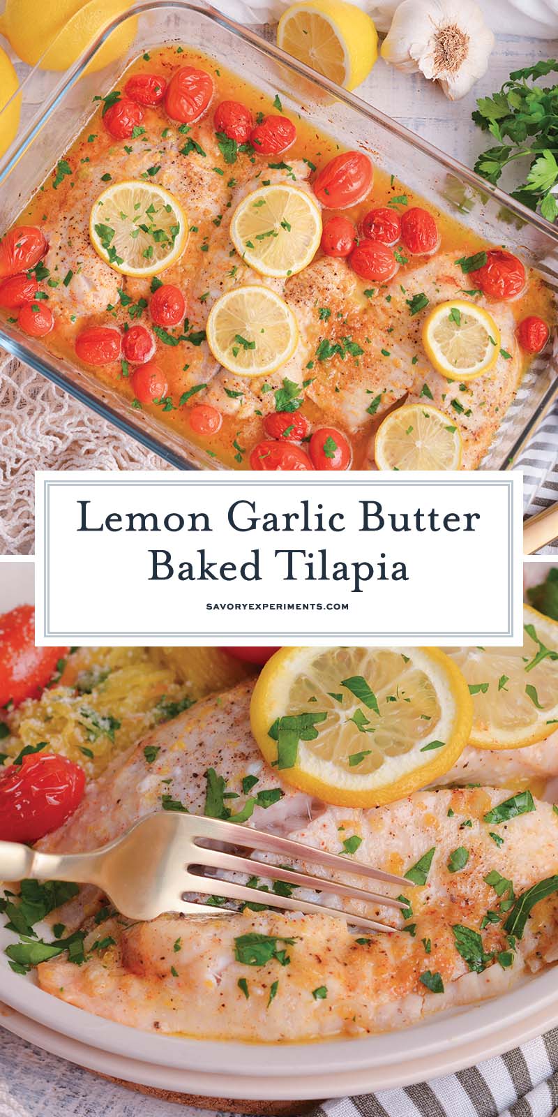 collage of lemon garlic butter baked tilapia