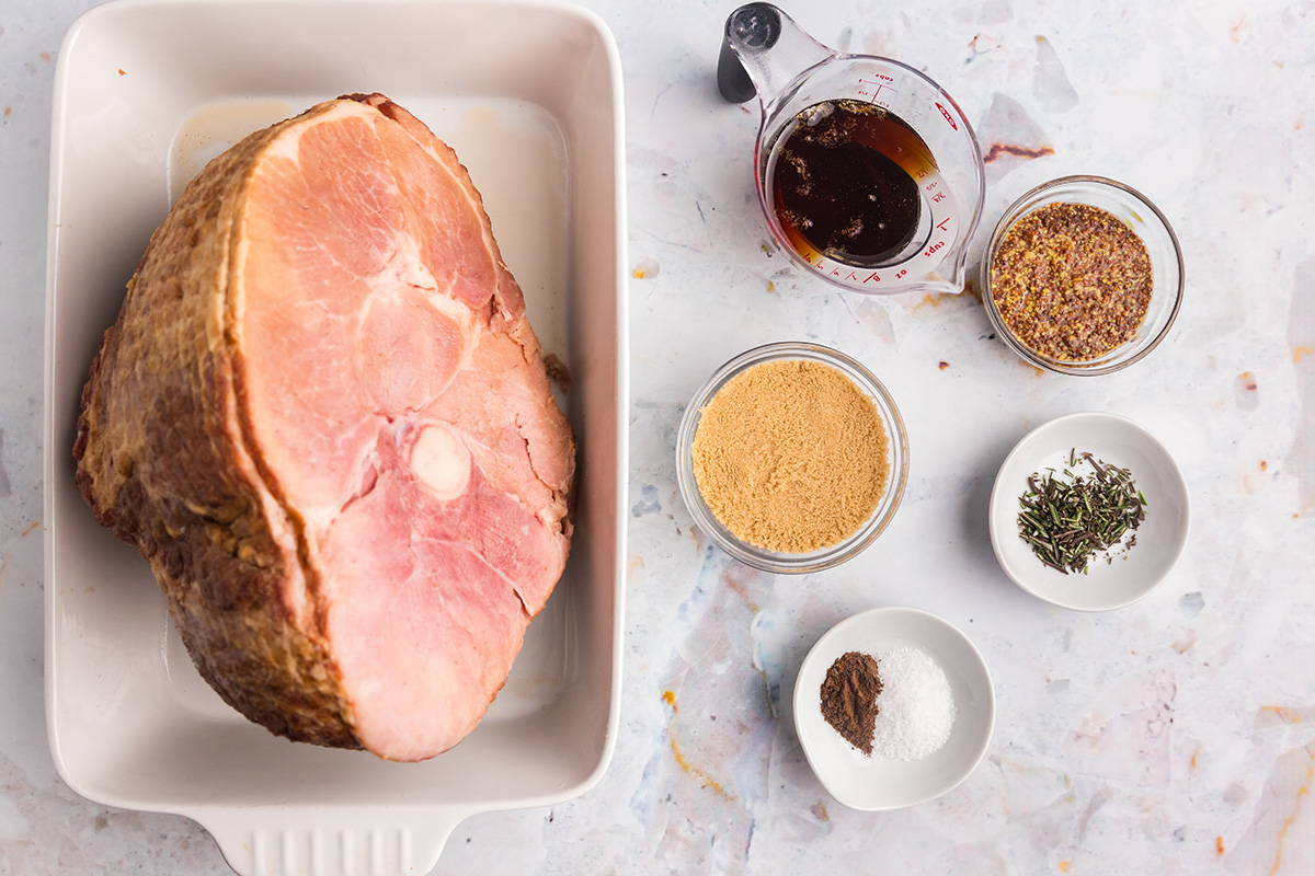 overhead shot of mustard brown sugar baked ham ingredients