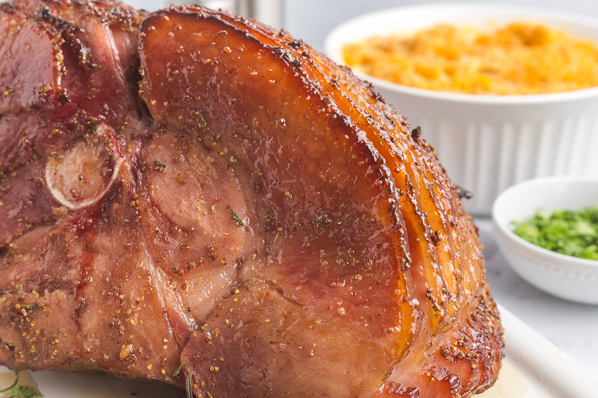 close up straight on shot of mustard brown sugar ham