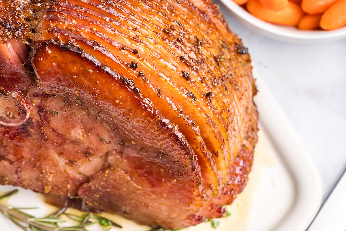 angled shot of mustard brown sugar ham