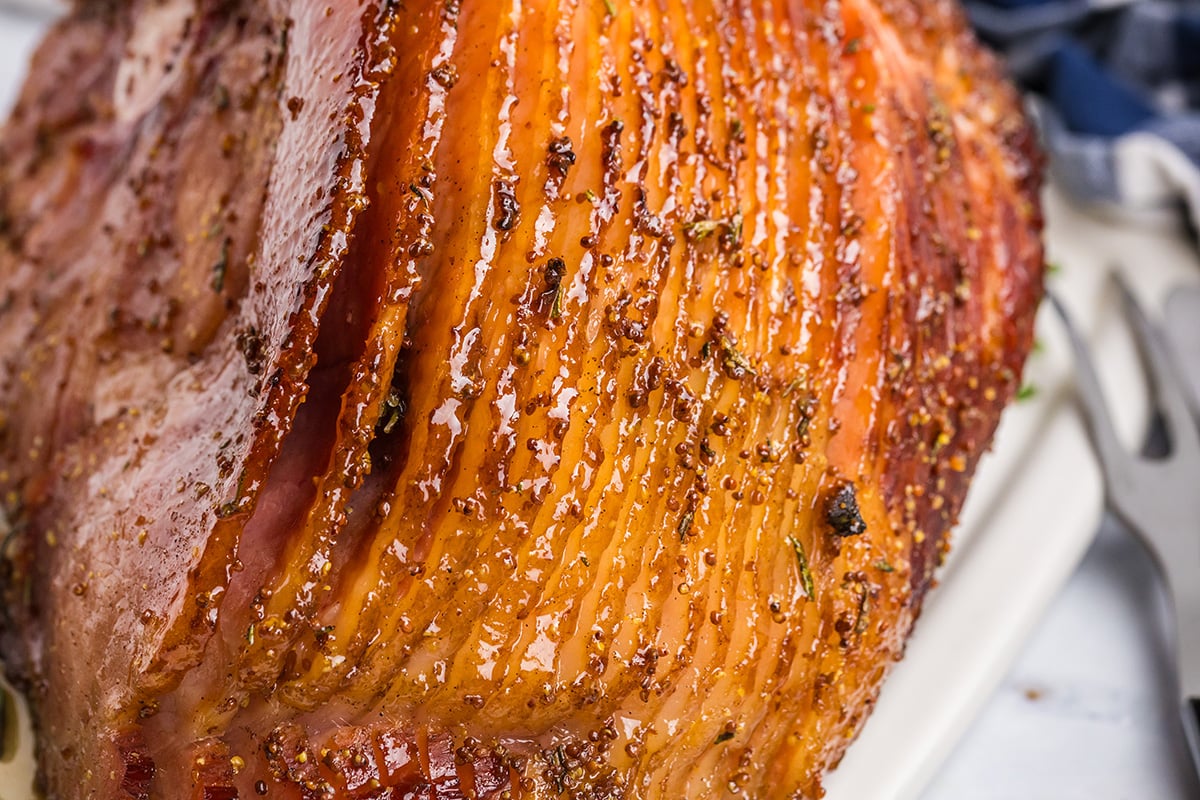 close up of sliced mustard brown sugar ham