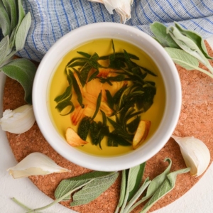 overhead shot of bowl of browned butter sage sauce