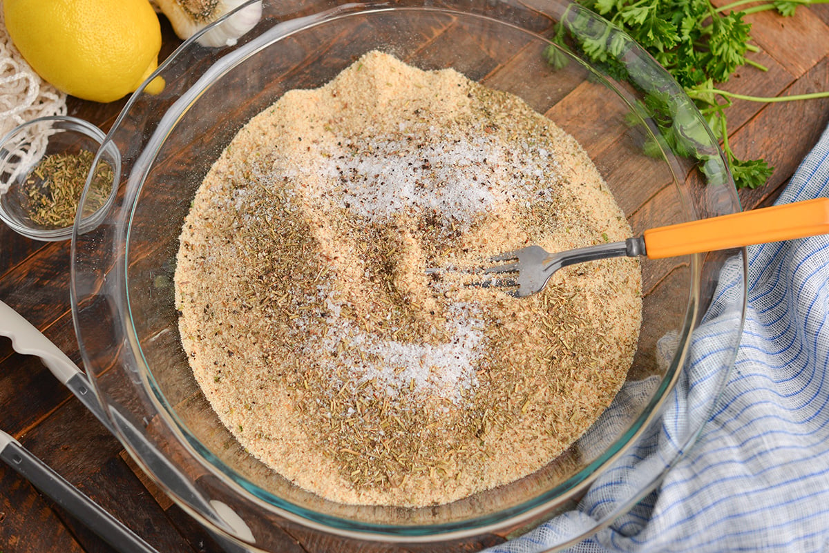 bowl of breadcrumbs and seasoning