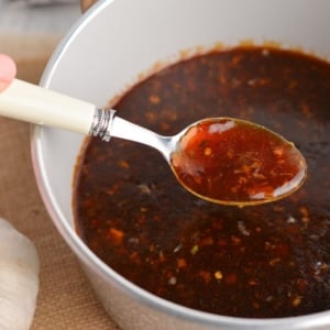 angled shot f spoon in pot of chinese garlic sauce
