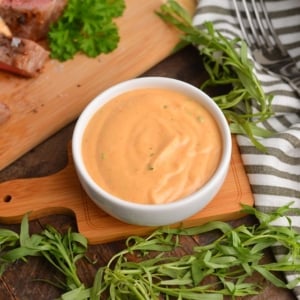 angled shot of bowl of choron sauce