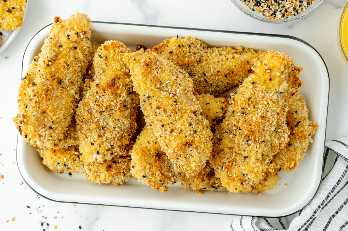 overhead shot of tray of everything seasoning chicken tenders