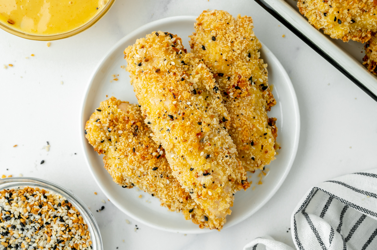 overhead shot of plate of everything seasoning chicken tenders