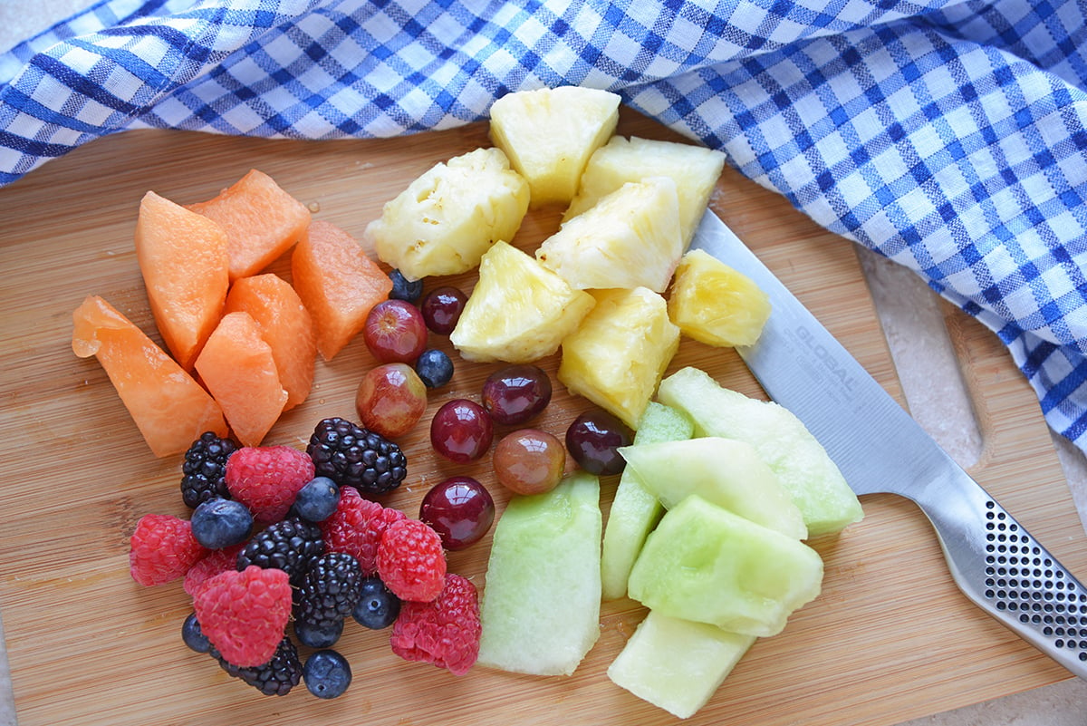 Cut fruit on a cutting board