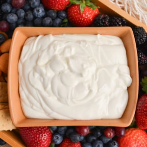 overhead of fresh fruit with marshmallow fruit dip