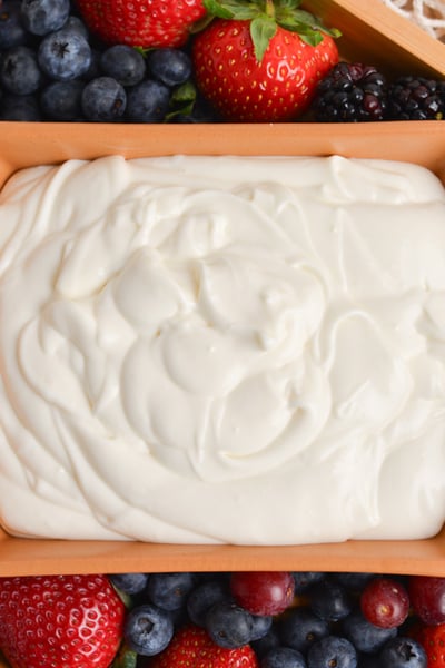 overhead of fresh fruit with marshmallow fruit dip