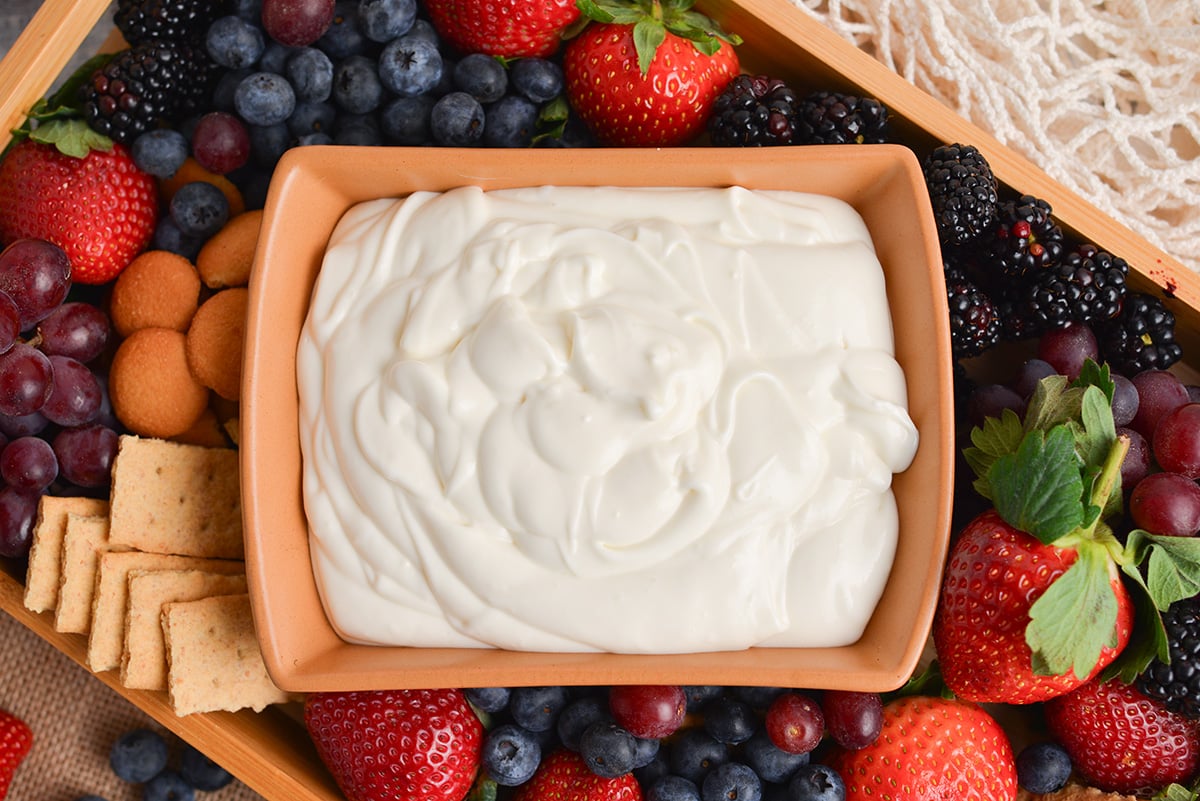 overhead of fresh fruit with marshmallow fruit dip