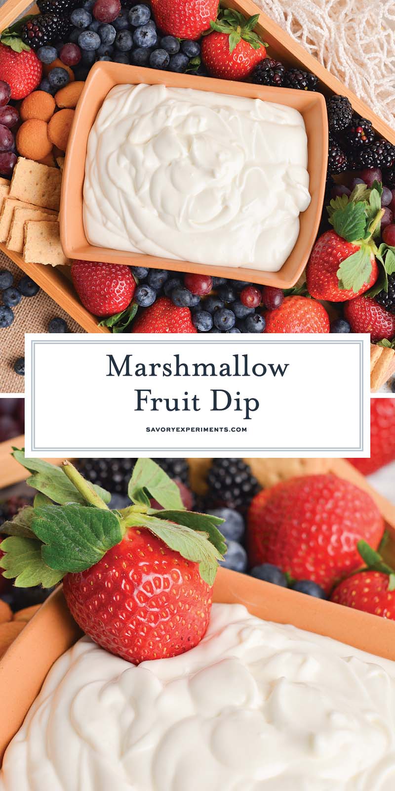 collage with marshmallow fruit dip and text overlay