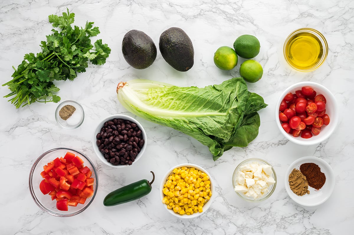 overhead shot of mexican salad ingredients