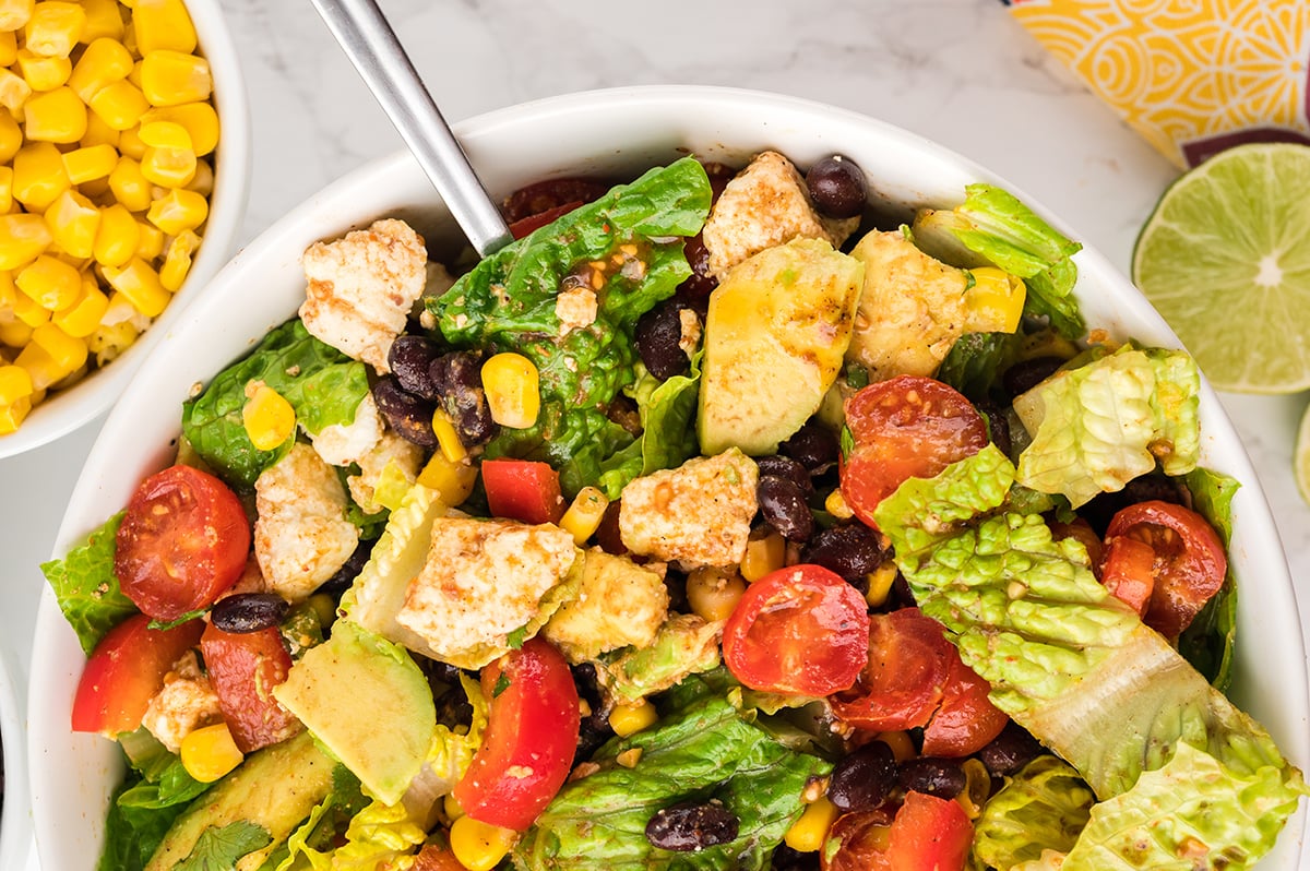 close up overhead shot of bowl of tossed mexican salad