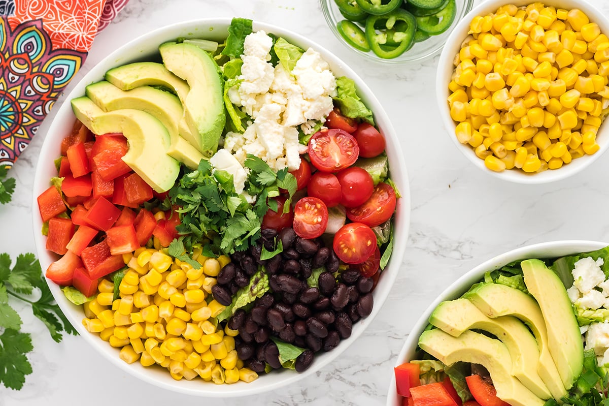 overhead shot of bowl of mexican salad