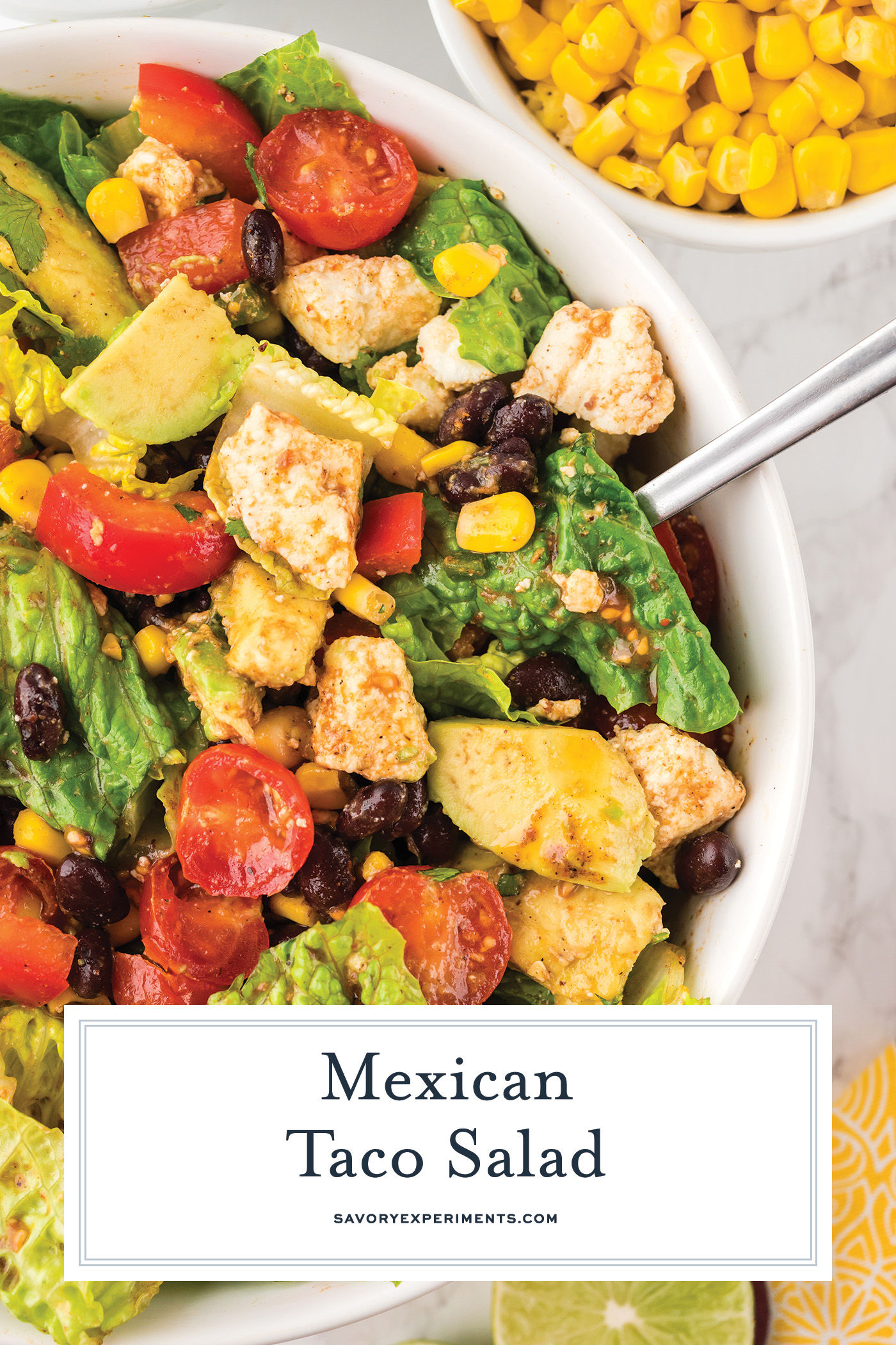 overhead shot of tossed mexican salad with text overlay