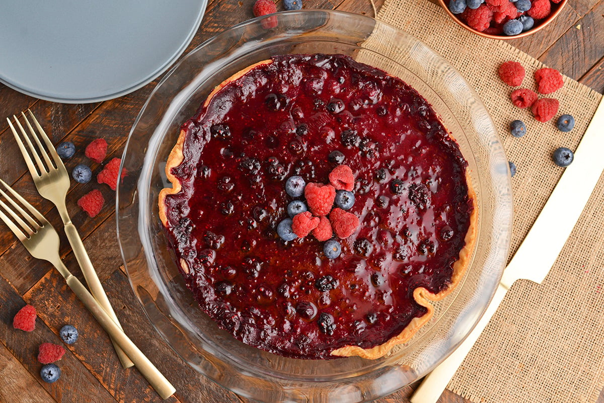 overhead shot of mixed berry pie