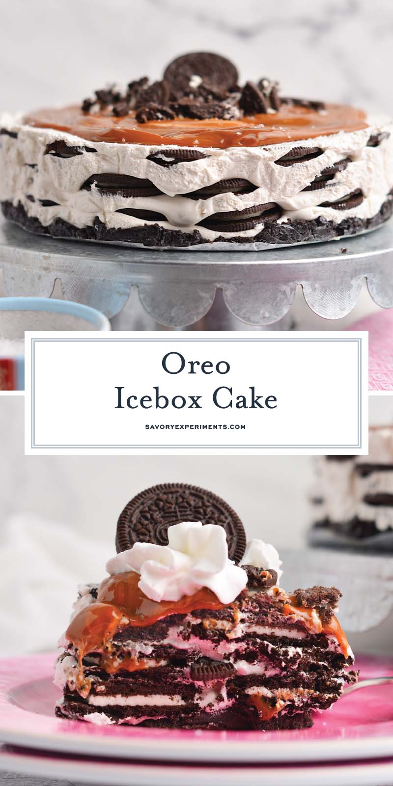 collage of oreo icebox cake with text overlay