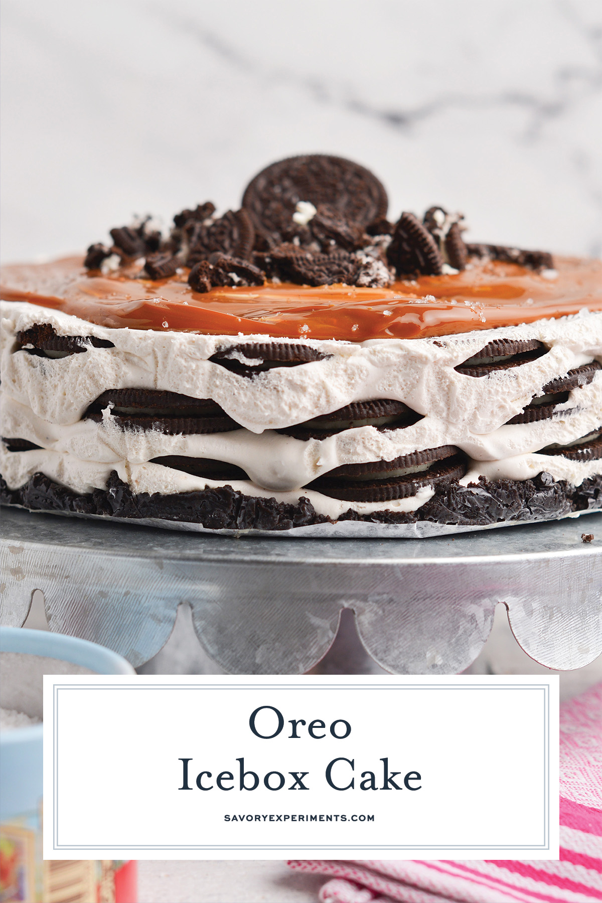 close up of oreo cookie icebox cake