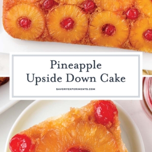 collage of pineapple cake with cherries and brown sugar glaze