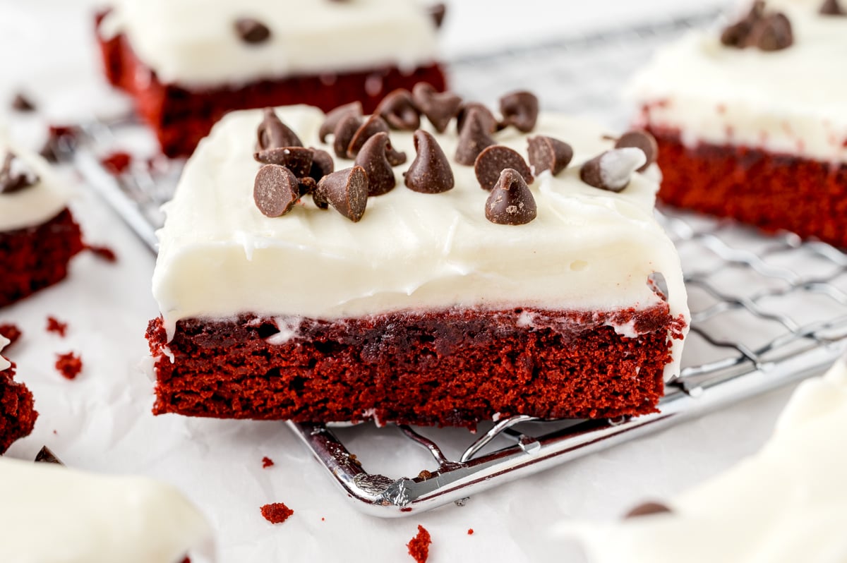 angle view of red velvet brownie with thick cream cheese frosting and chocolate chips