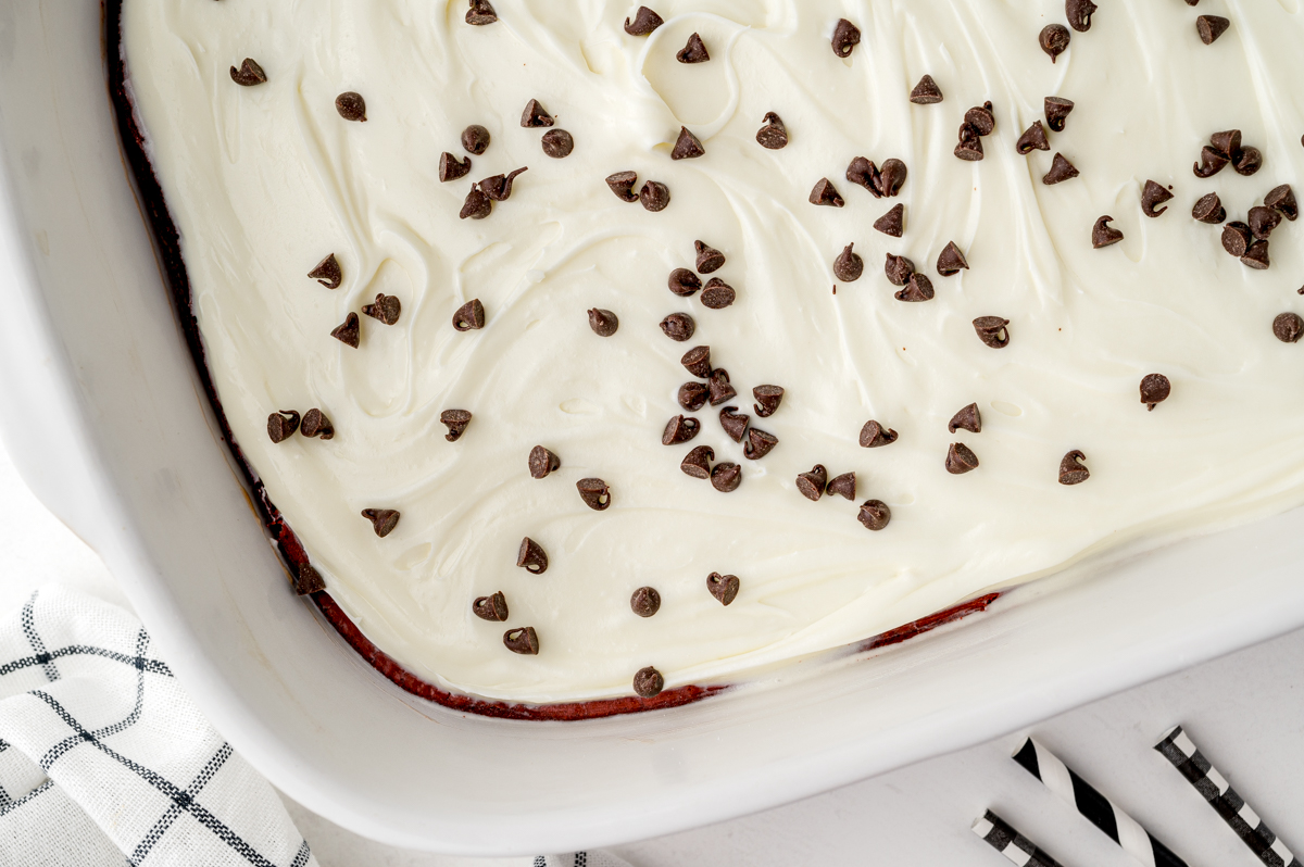 close up of corner section of easy red velvet brownies