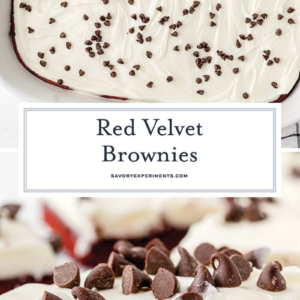 collage of red velvet brownies images with text overlay for pinterest
