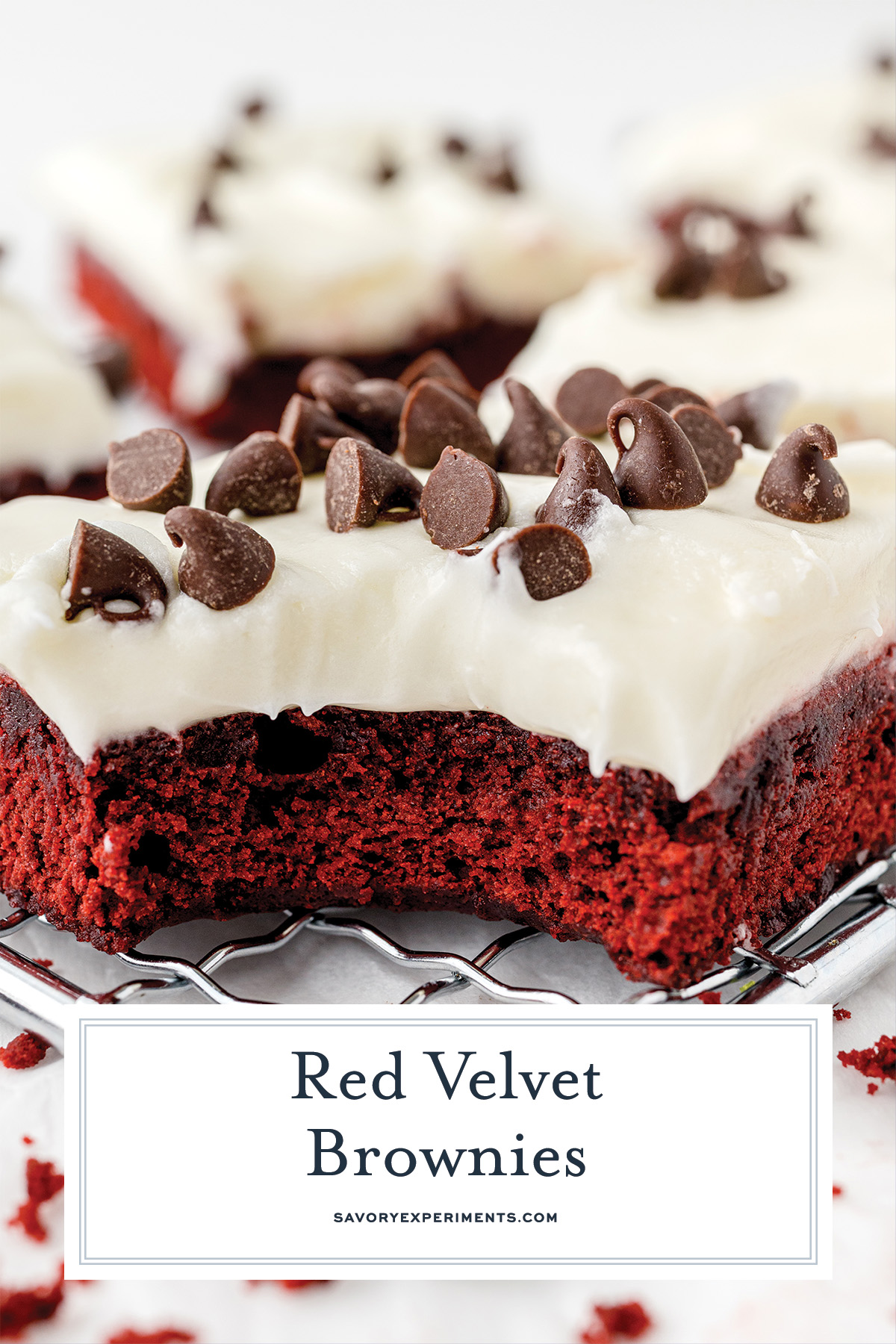 close up of red velvet brownie with text overlay