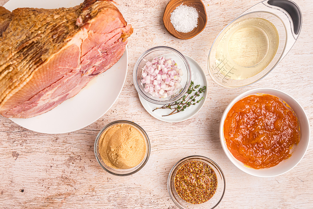 overhead shot of riesling peach glazed ham ingredients