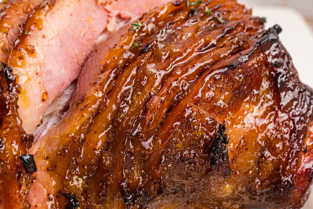 close up angled shot of sliced ham