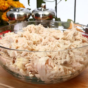 angled shot of bowl of shredded chicken