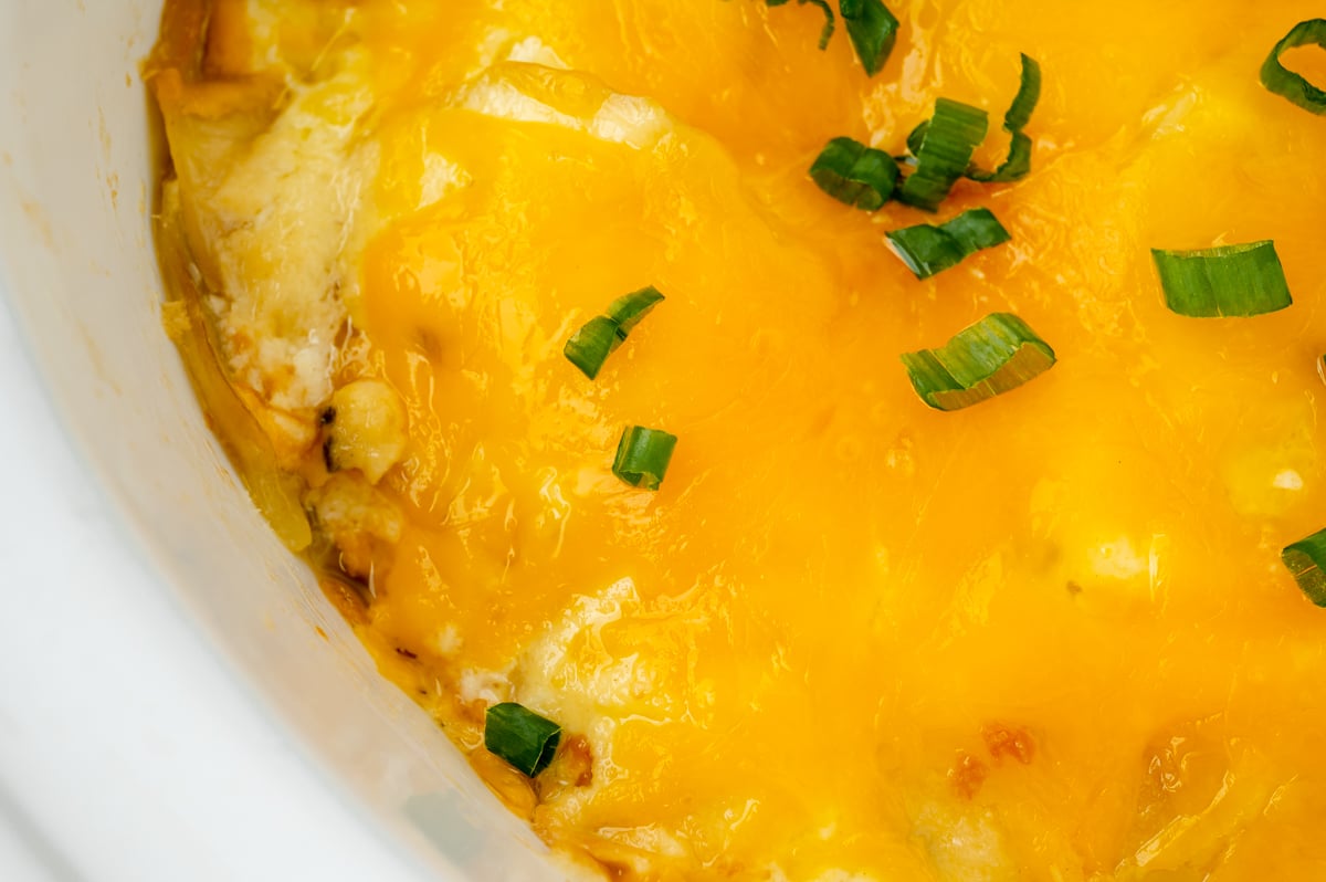 extreme close up overhead shot of slow cooker potatoes au gratin