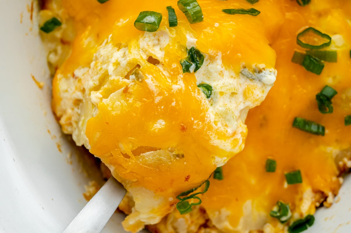 close up overhead shot of spoon full of slow cooker potatoes au gratin