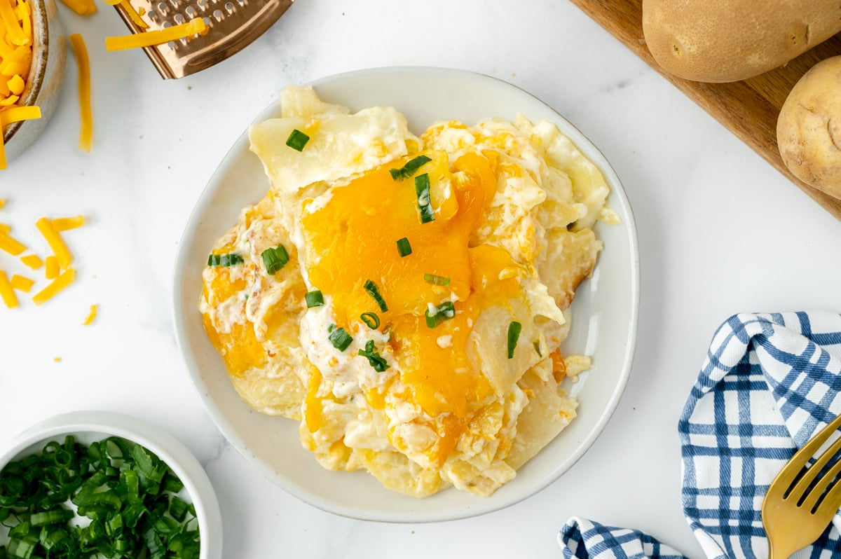 overhead shot of plate of slow cooker potatoes au gratin