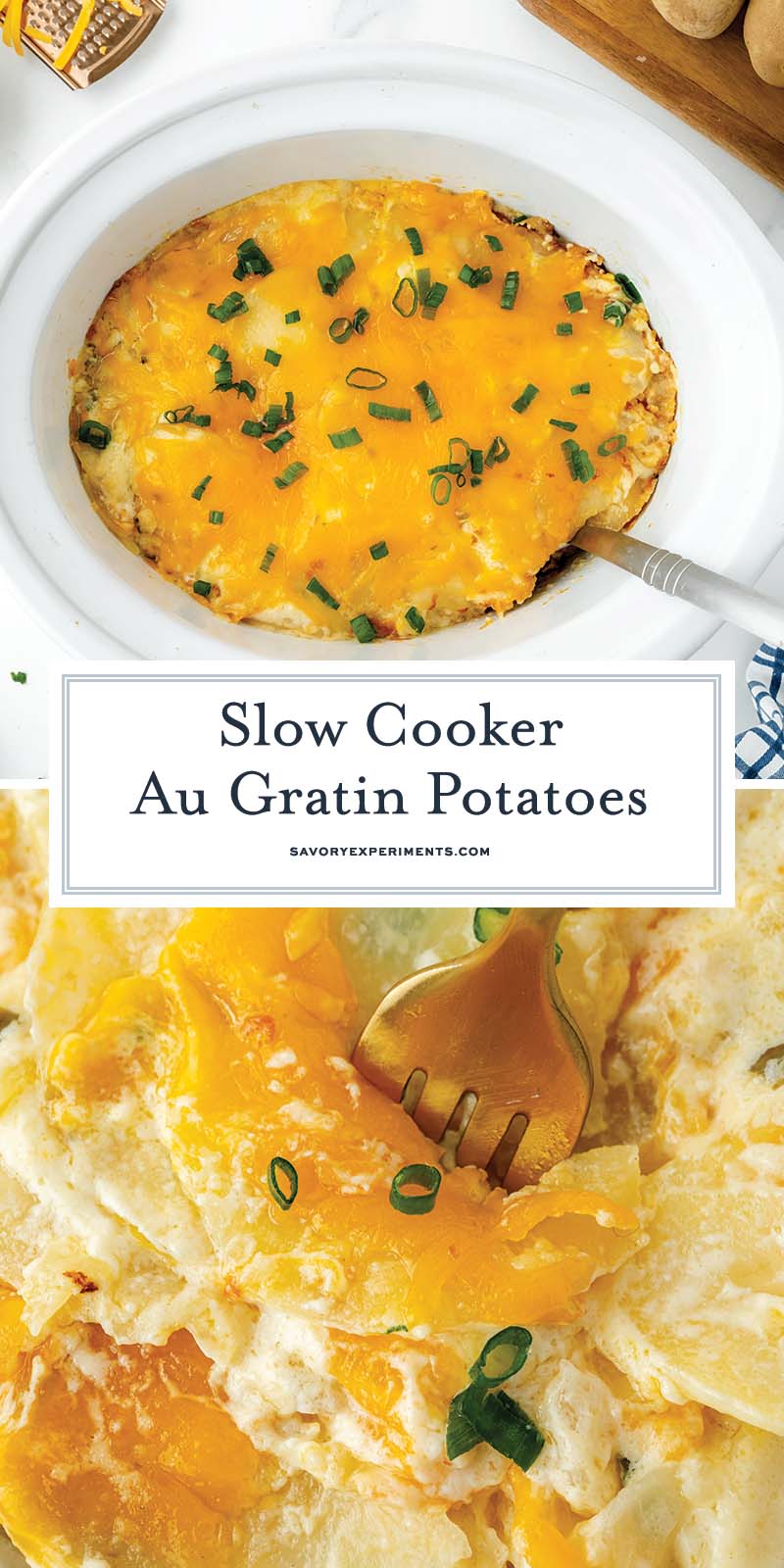 collage of slow cooker potatoes au gratin