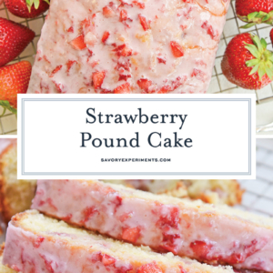 collage of fresh strawberry pound cake with icing