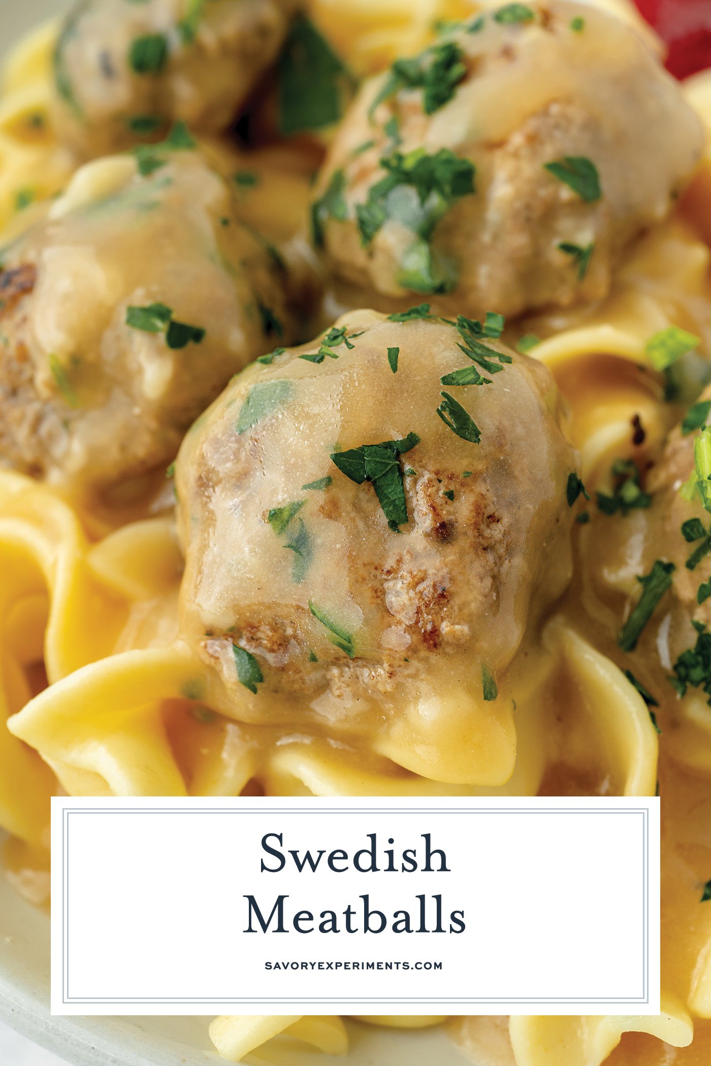 close up of swedish meatballs over pasta with text overlay
