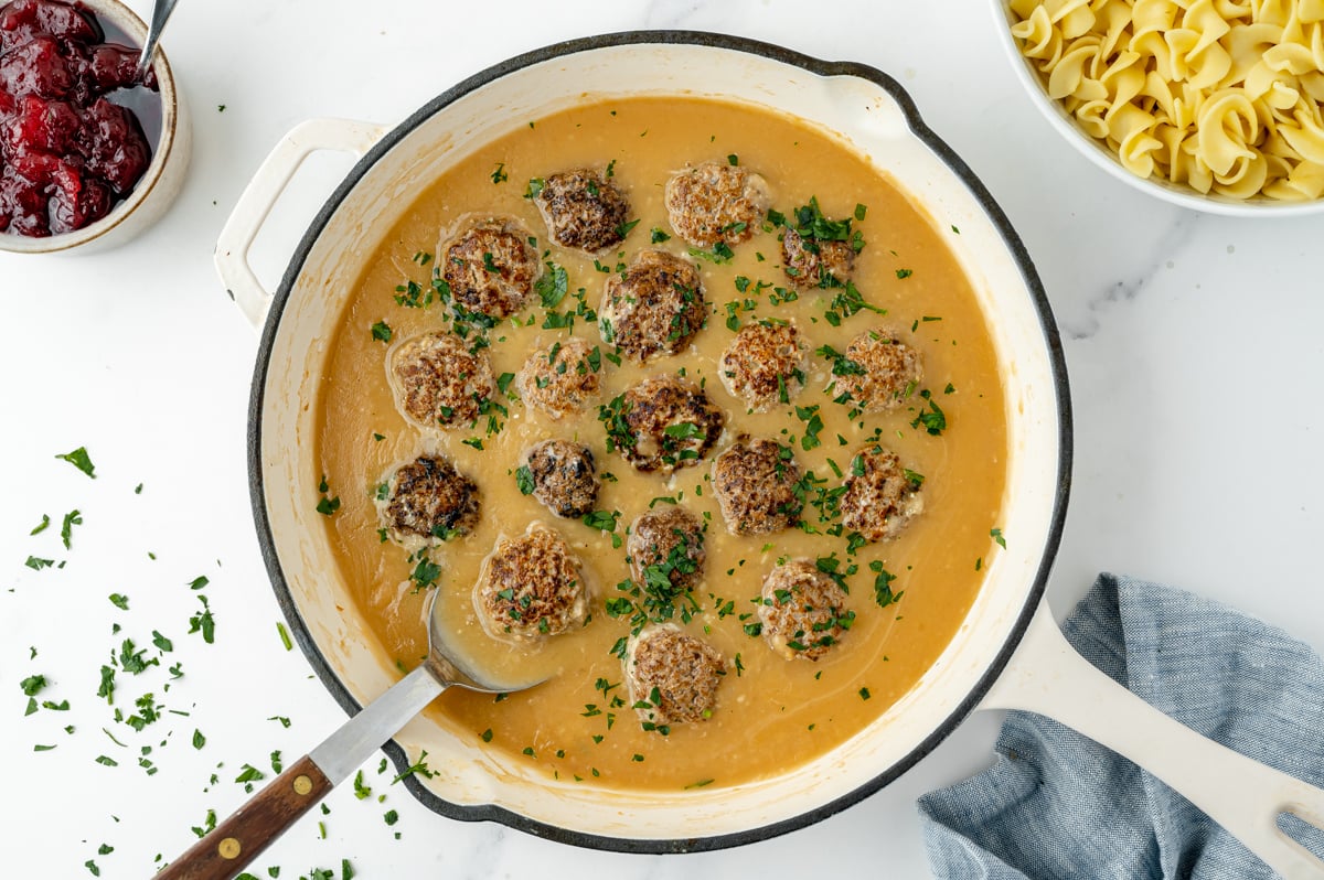 overhead shot of swedish meatballs in pan