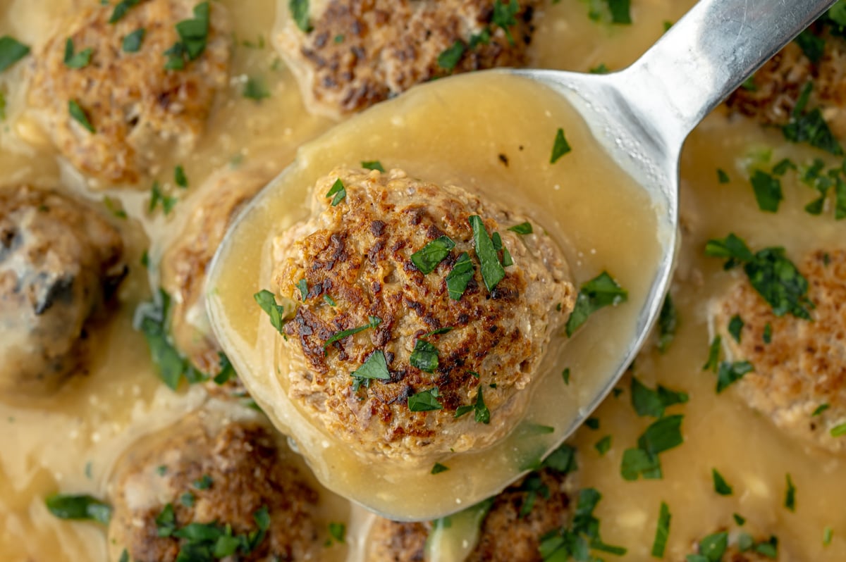 overhead shot of swedish meatball on spatula