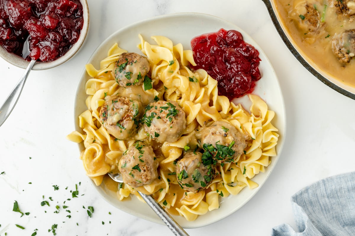 overhead shot of plate of swedish meatballs and noodles