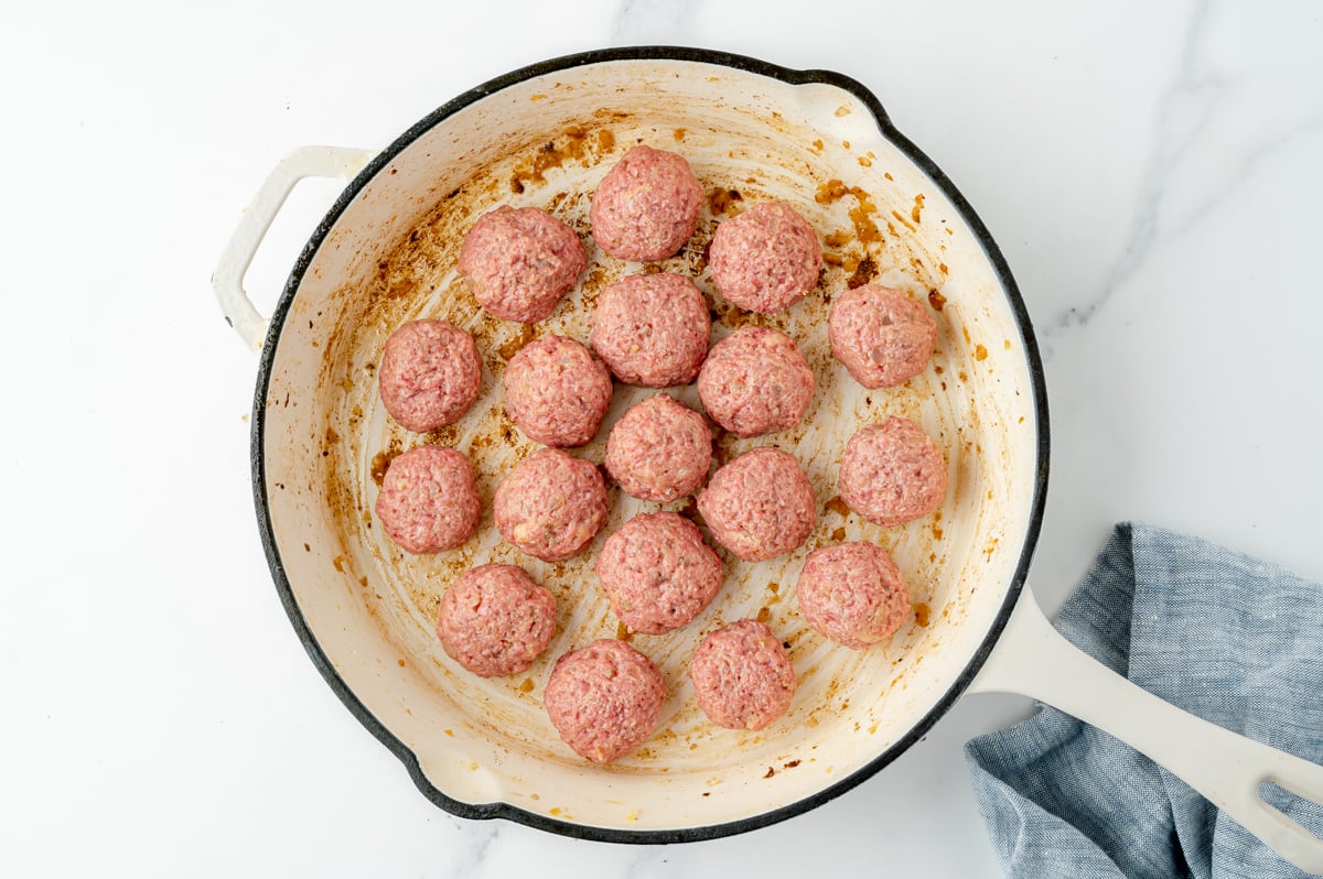 overhead shot of meatballs in pan
