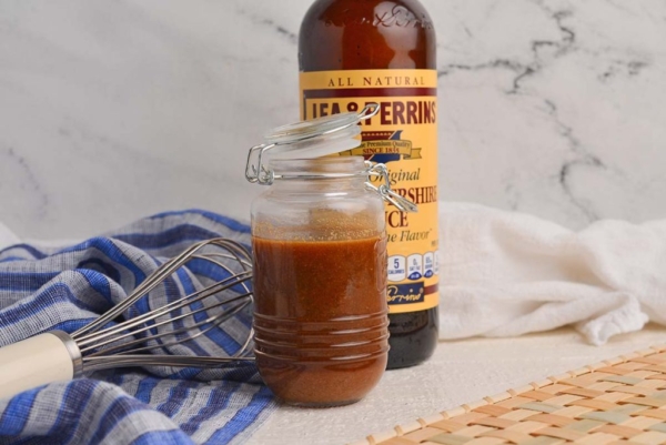 straight on shot of jar of homemade worcestershire sauce