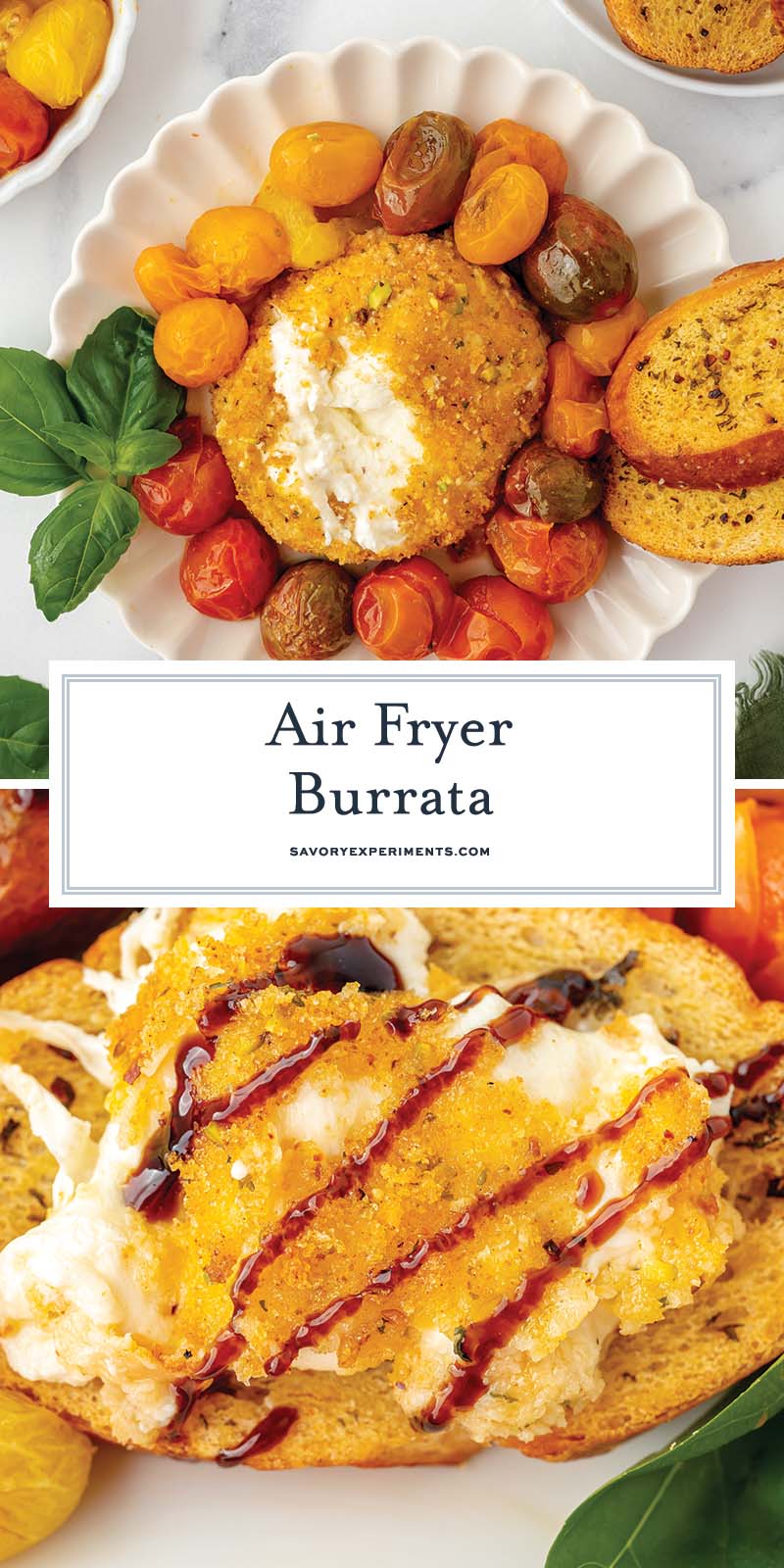 collage of air fryer burrata