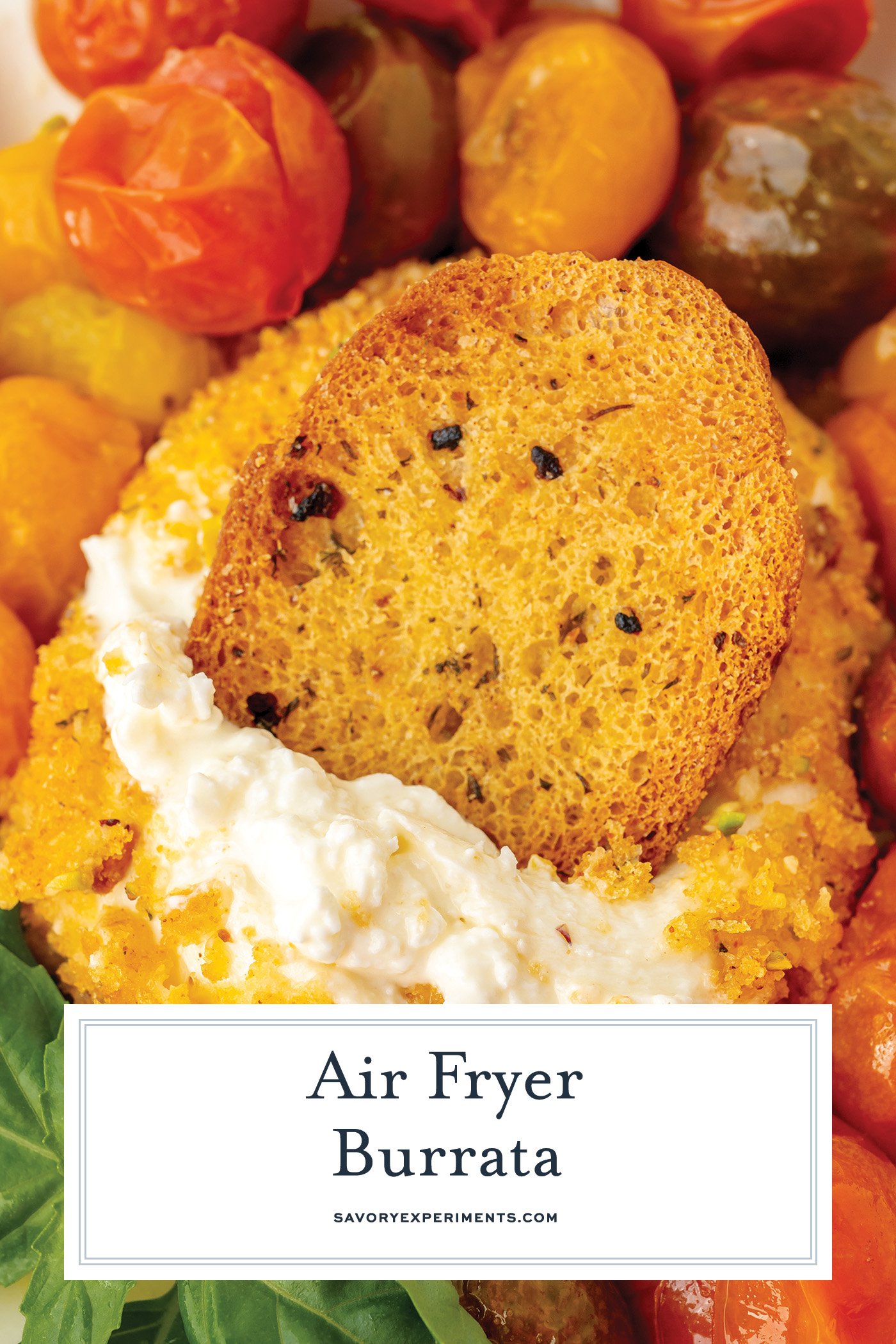 angled shot of bread dipping into air fryer burrata with text overlay